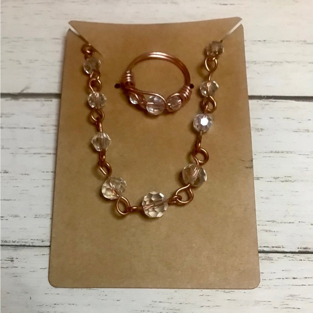 BOGO FREE! Matching copper bracelet and ring set. Clear faceted beads. Handmade.